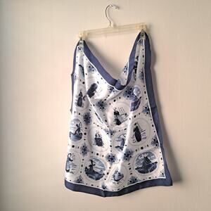 Inter Sovenirs Vintage 100% Polyester Navy Blue & Ivory / Off White Square Scarf